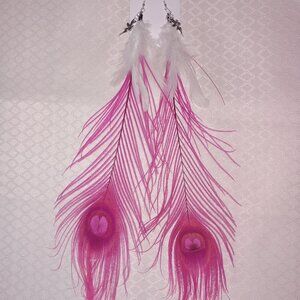 Pink Peacock Feather Earrings Fairy Charms Hearts Valentine's Day Dramatic New